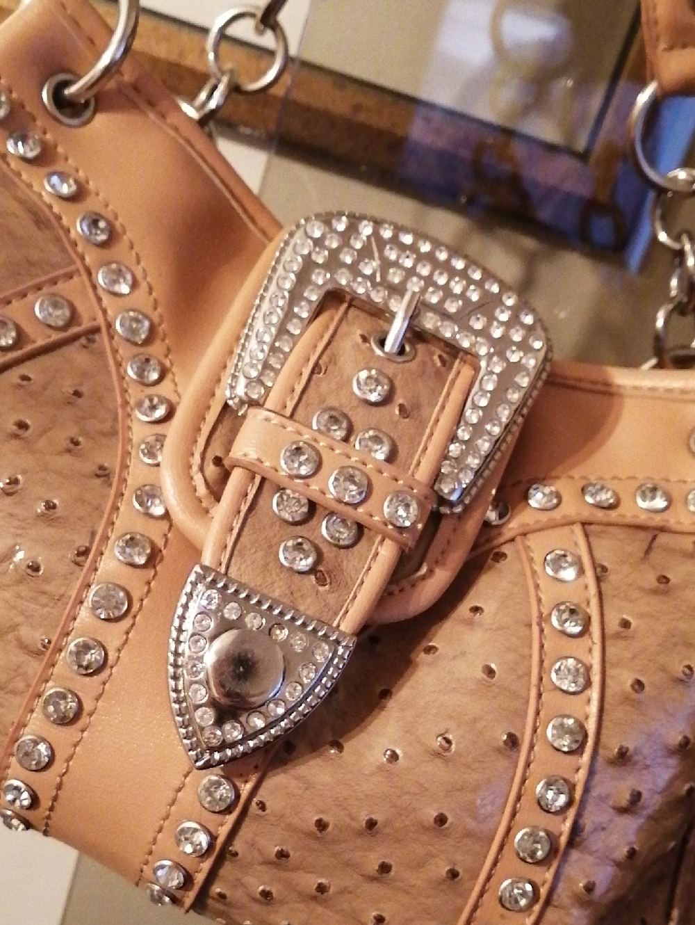 Silverake Ostrich Embossed Vegan Leather With Sparkling Crystals ShoulderBag - Picture 3 of 13